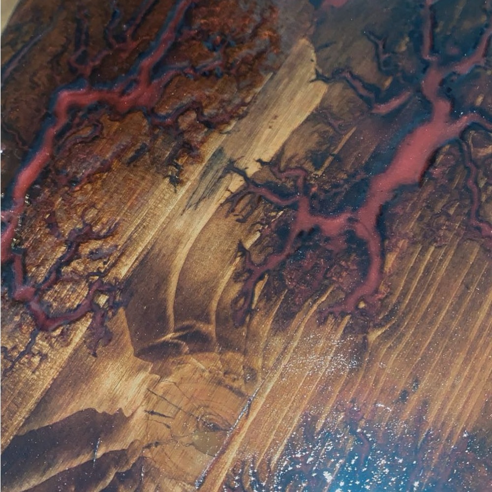 Abstract Wooden Art Piece with Red Accents